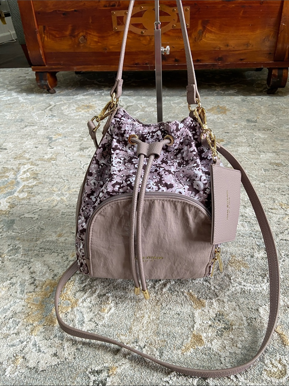 Isaac Mizrahi Mauve Plum Floral Drawstring Bucket Bag with Cardholder